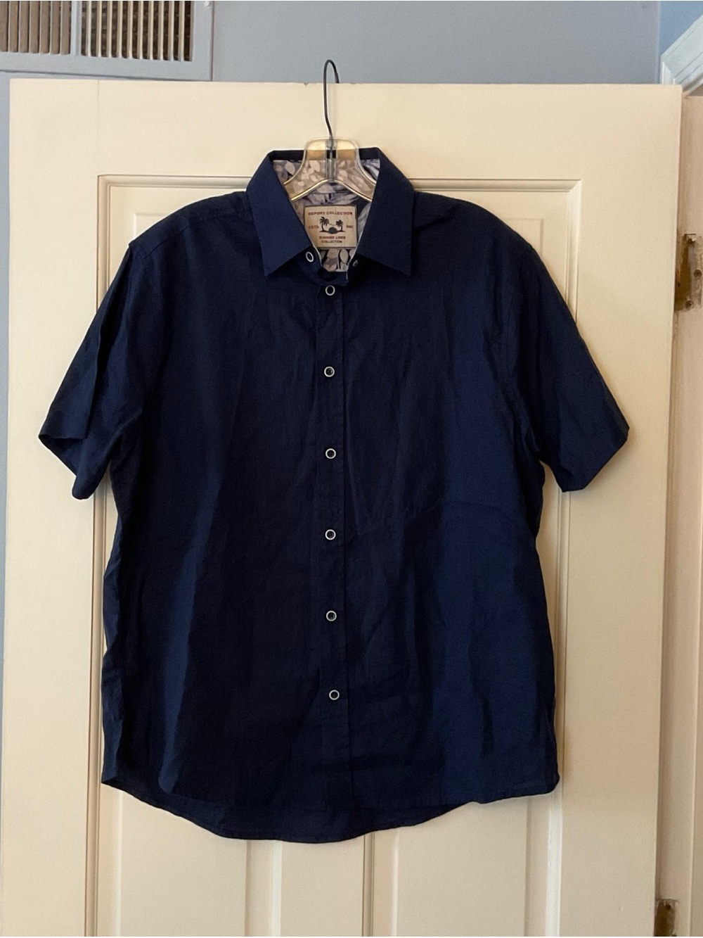 Report Collection Men’s Medium Linen Blend Button Up Shirt Top Blue Short Sleeve